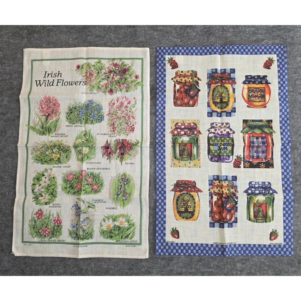 VTG 2 Pairs Ulster Weavers Irish Linen‎ Tea Towels Wild Flowers Jam Jars Kitchen